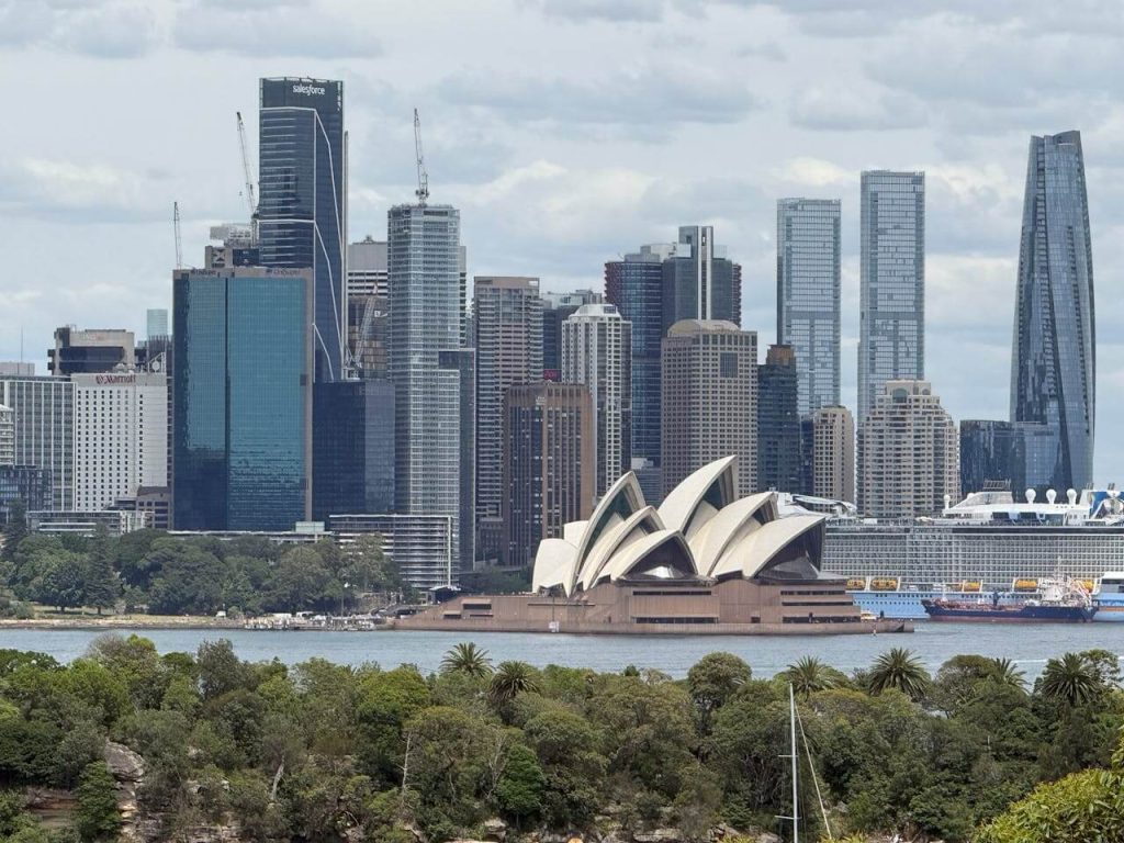 A panoramic view of Sydney's skyline featuring the iconic Opera House and modern skyscrapers.