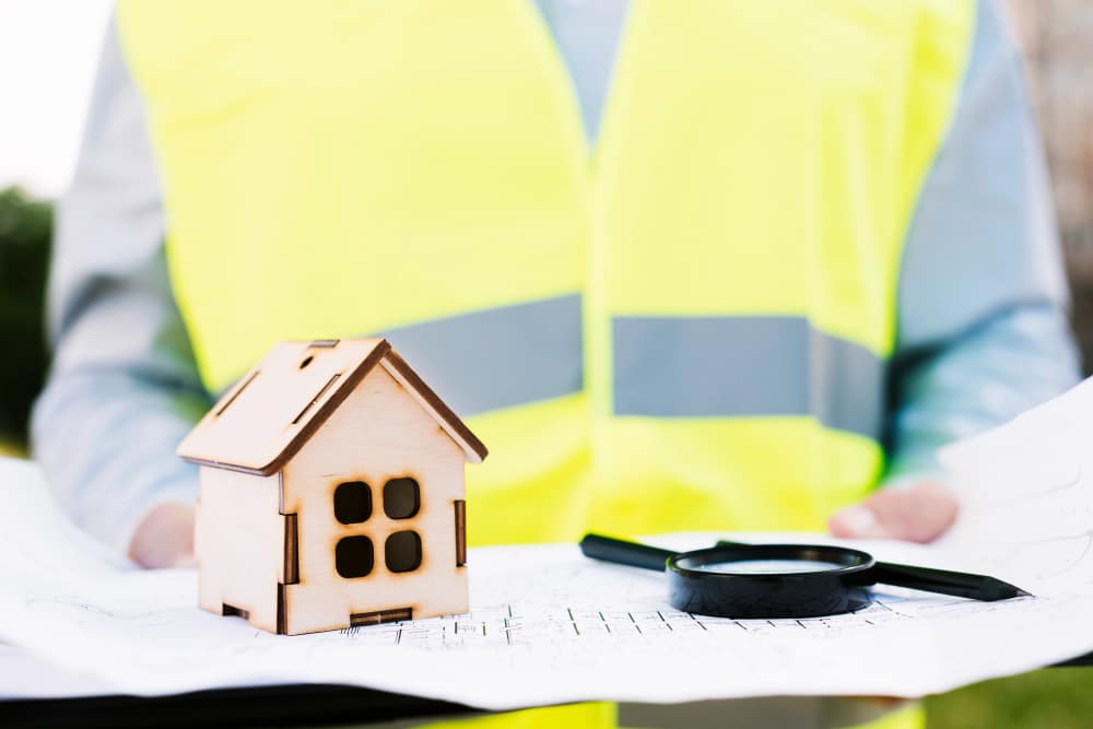 Wooden model house on blueprints held by a construction worker.